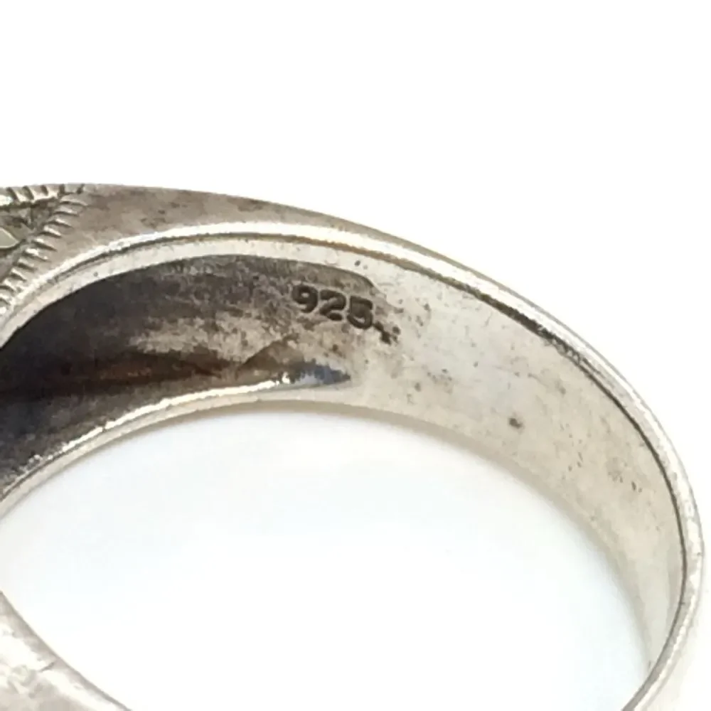 STERLING SILVER RING Black Stone Marcasite Domed Statement Boho Sz 9.25